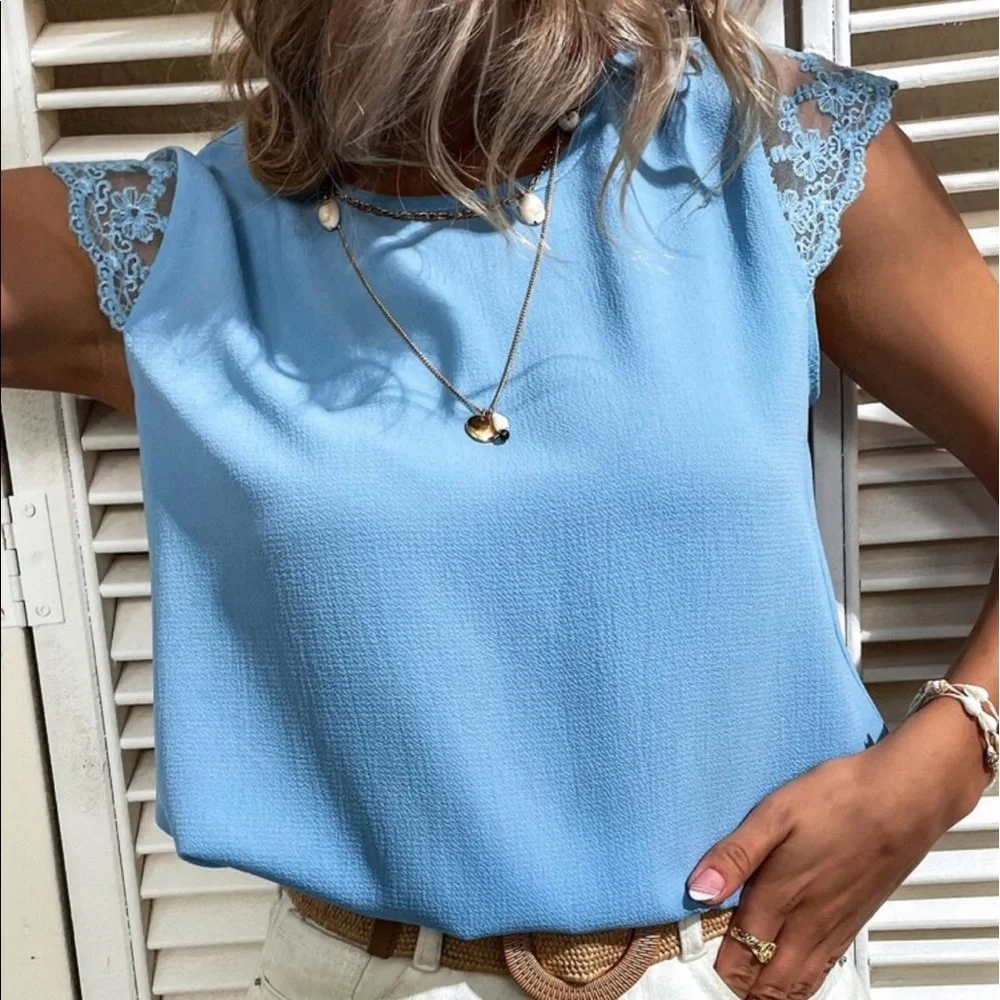 Boho Lace Mesh Sheer Tie Back Cap Sleeve Top Blouse Blue - Picture 7 of 14